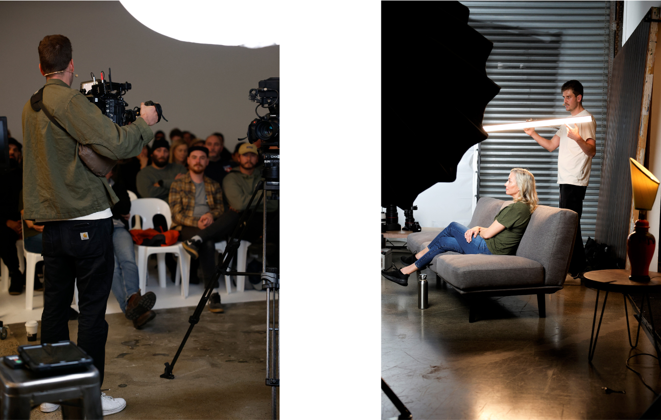 Image 1 - Dave May holding a camera and facing the crowd Image 2 - Dave May holding a long light bar above a models head as she sits on a couch