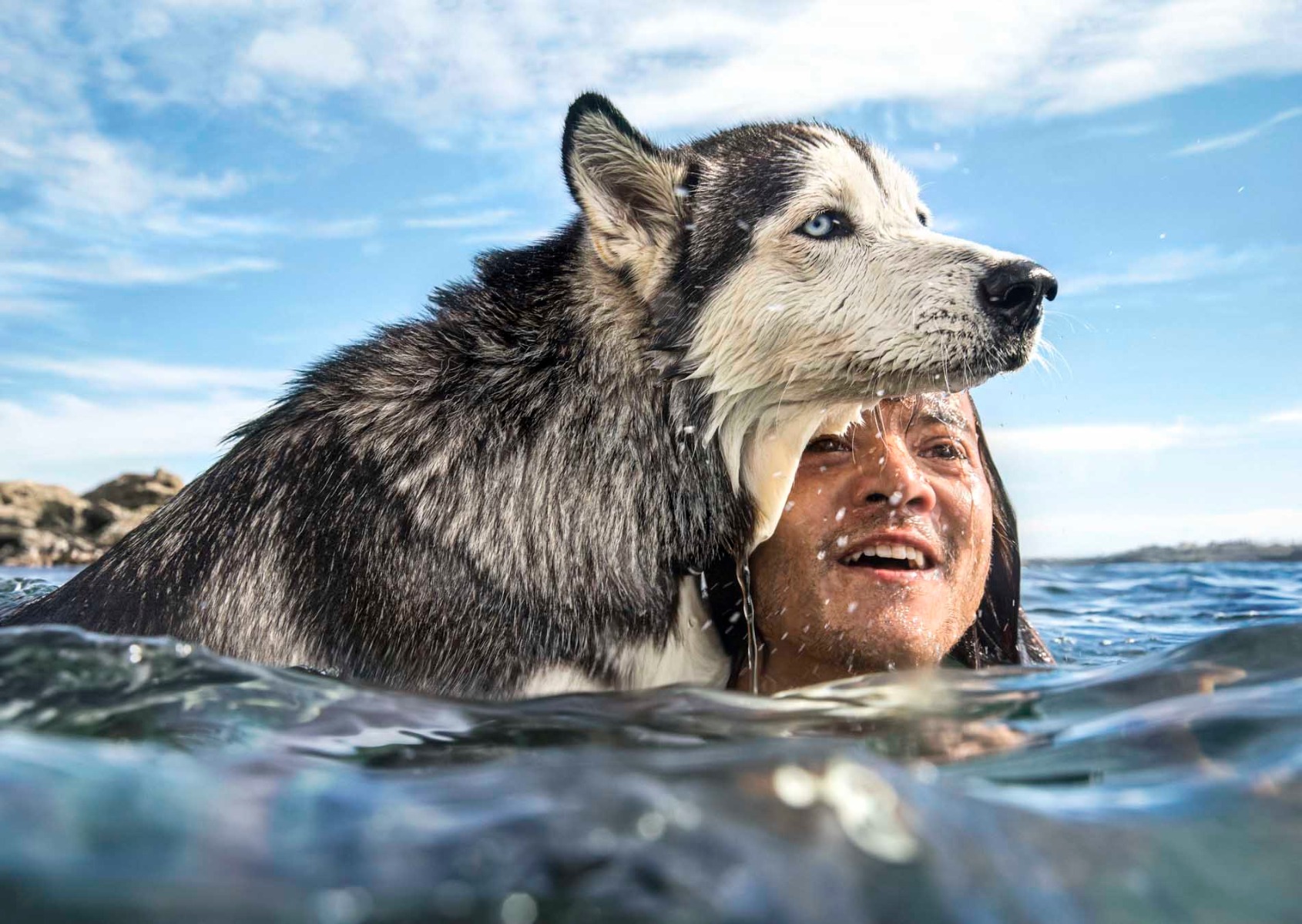 man-in-the-surf-with-his-husky-dog