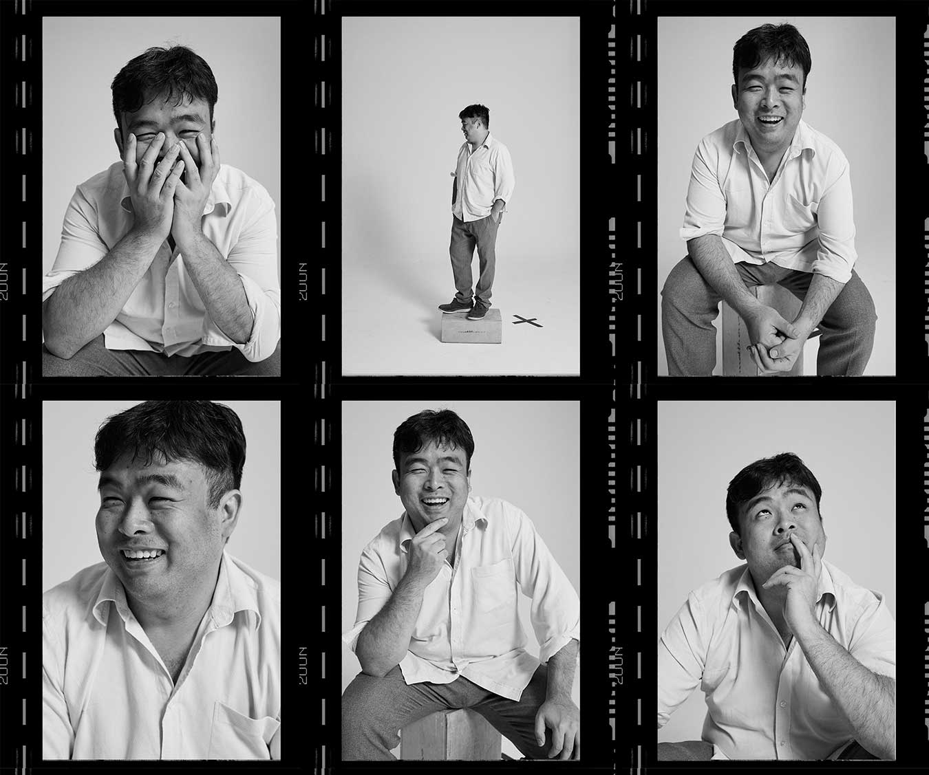 film-reel-style-portrait-set-of-david-tran-laughing-looking-to-camera-andlooking-away