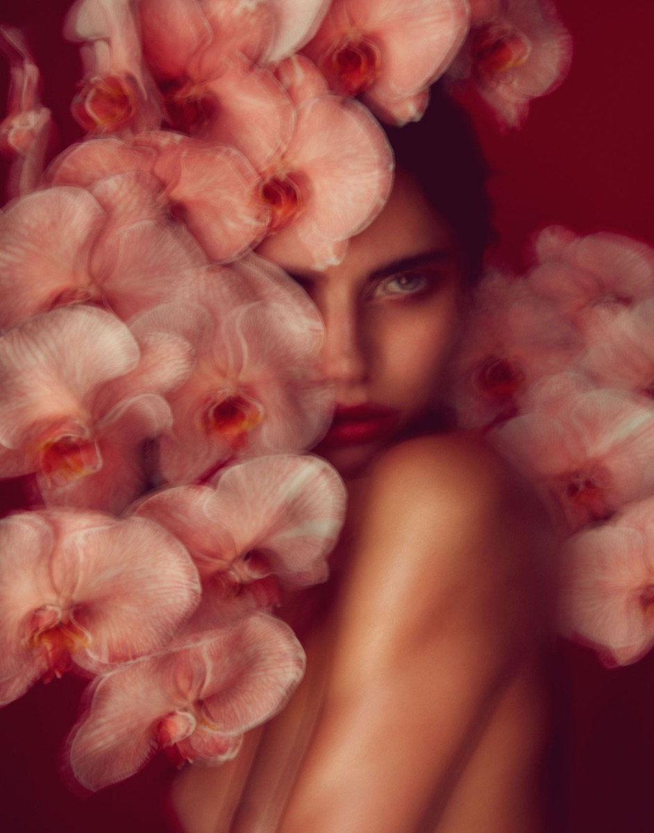 blurry-photo-of-woman-pink-flowers-and-background-looking-at-camera-through-pink-and-white-flowers