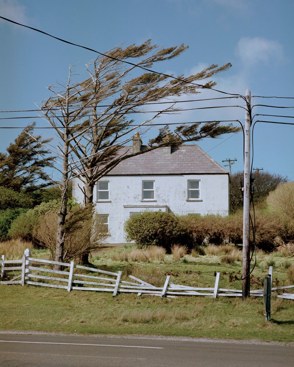 a-white-house-amidst-strong-wind-a-blown-over-picket-fence-in-front-a-wind-pushed-tree-to-the-side-powerlines-above-create-interesting-lines-in-the-image