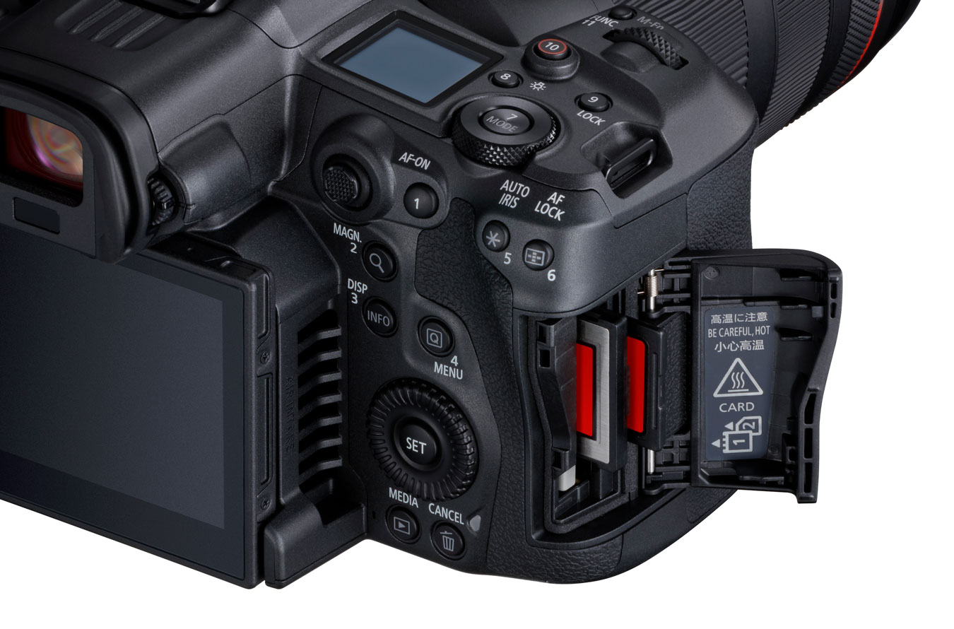 canons-new-lightweight-eos-r5-c-hybrid-mirrorless-camera-side back-view-showing-dual-card-slot-open
