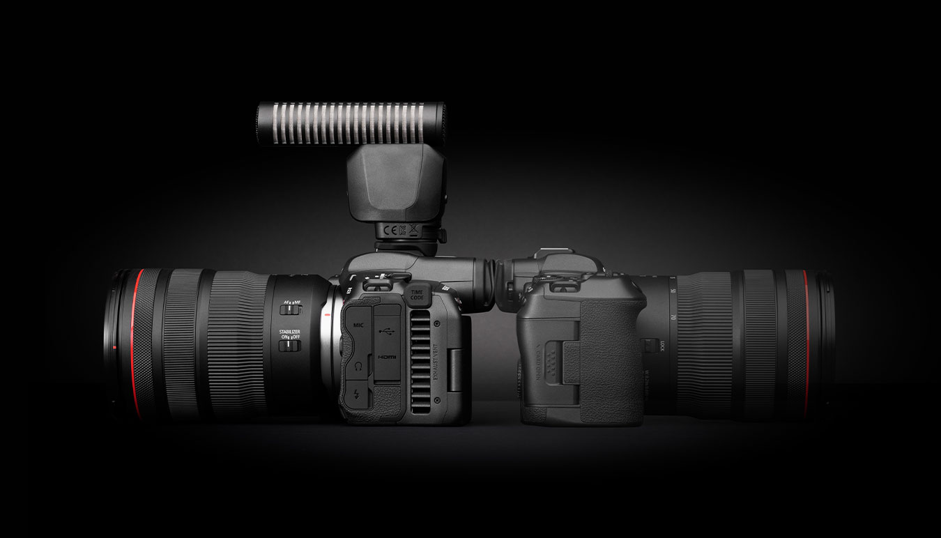 canons-new-lightweight-eos-r5-c-hybrid-mirrorless-camera-with-mic-attached-at-hotshoe-on-black-background